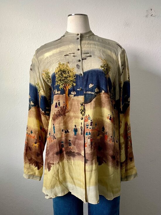 Vintage Tops - Vintage Platinum By Dorothy Schoelen Blouse Wearable Art Painting Print Small